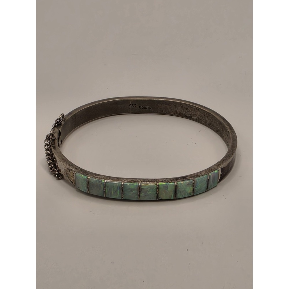 Vintage Mexico 925 Sterling Silver  Blue Green Fire  Opal Hinged Bangle Bracelet